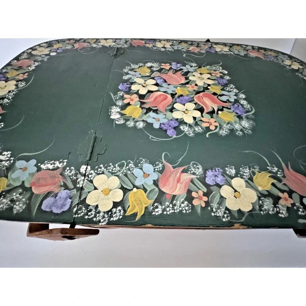 Wooden Picnic Basket Hand Painted Lined  Floral Lid Rustic Cottage Charm